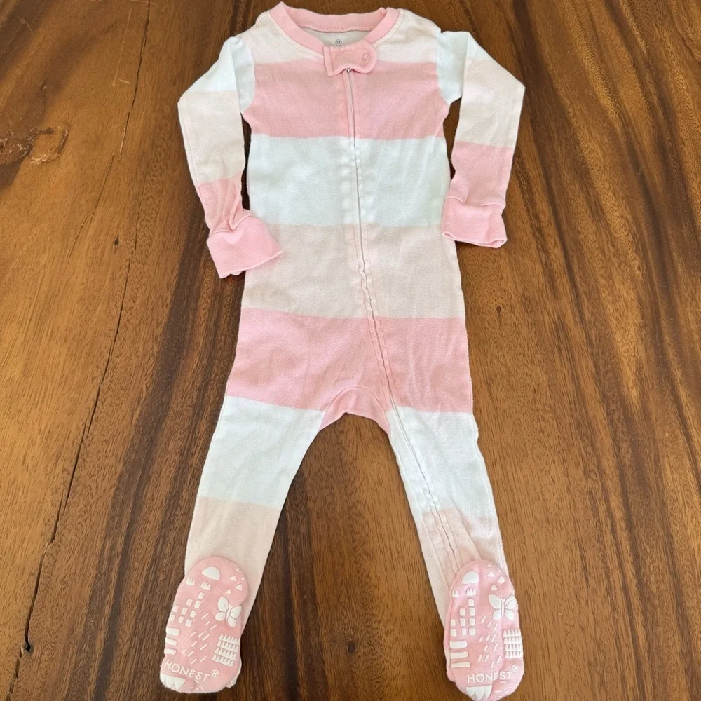 The Honest Company Baby Girl Pink and White Striped One Piece Footed Pajama 12M